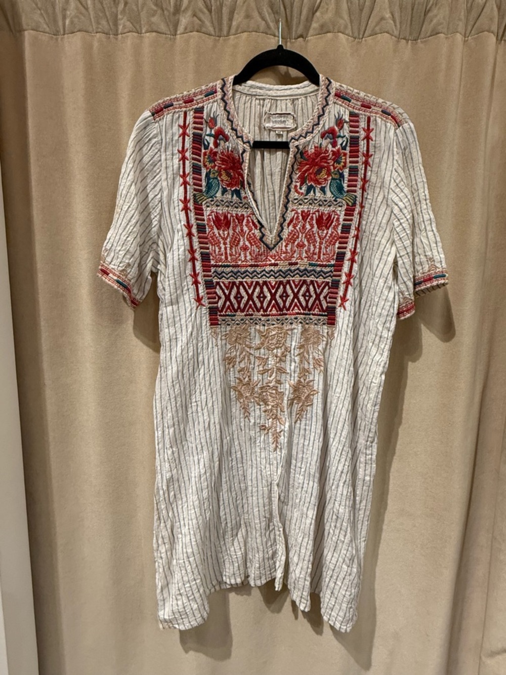 Johnny Was Embroidered Boho Tunic Dress - Cream with Red & Teal Floral Detail